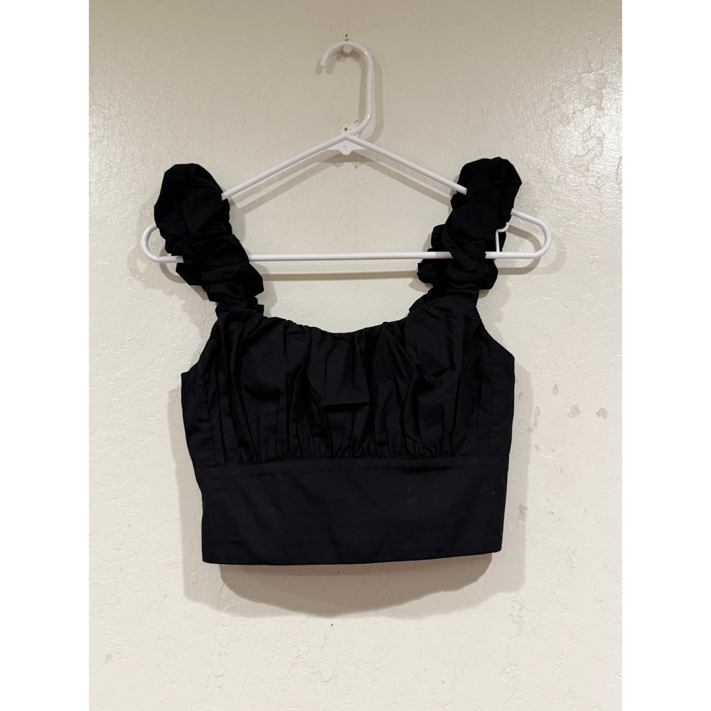 Abercrombie & Fitch Black Ruffle Strap Ruched Crop Top XS Square Neck Smocked - Picture 2 of 6